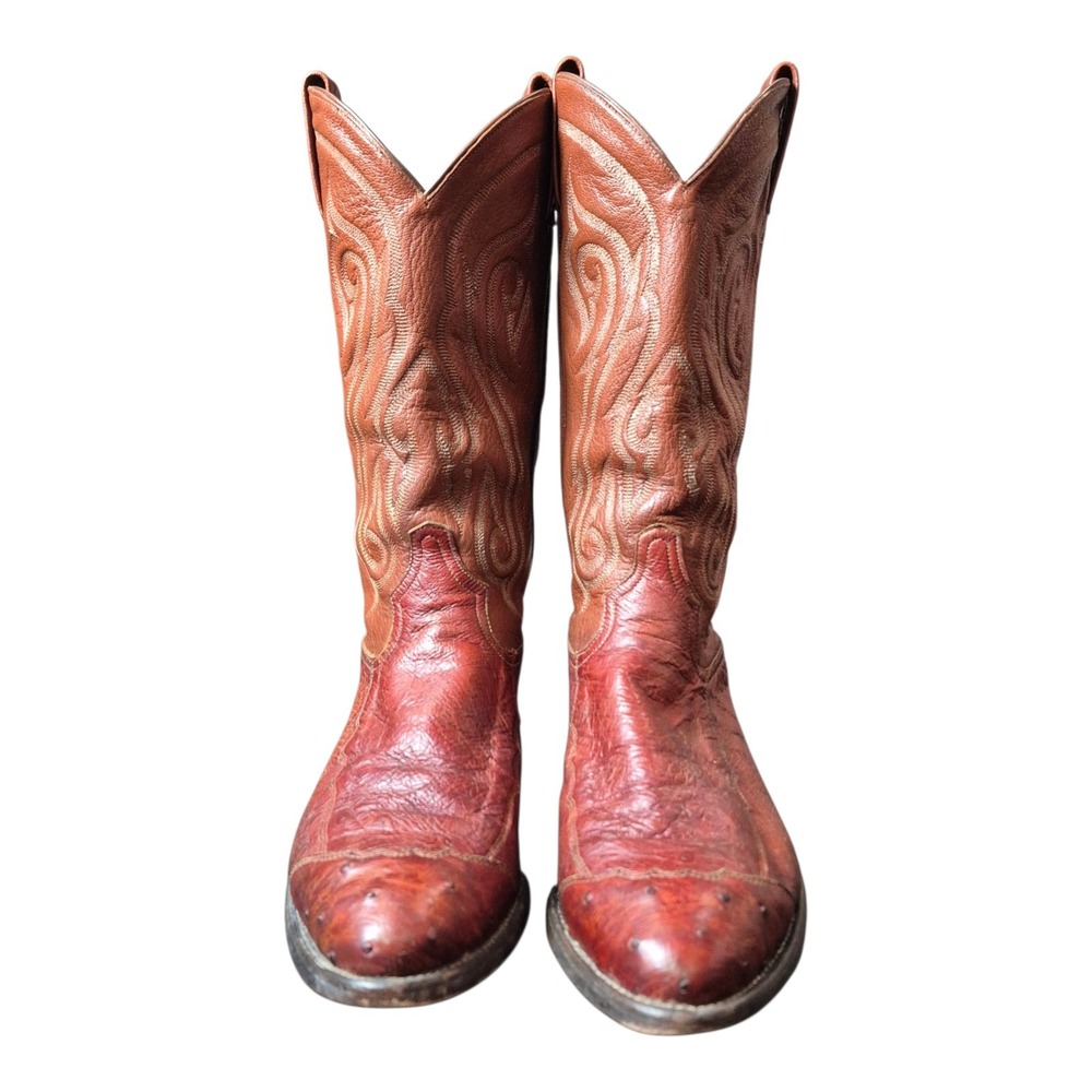 Tony Lama Men's 9.5D Cowboy‎ Western Boots Brown Ostrich Toe Leather Pointed Toe